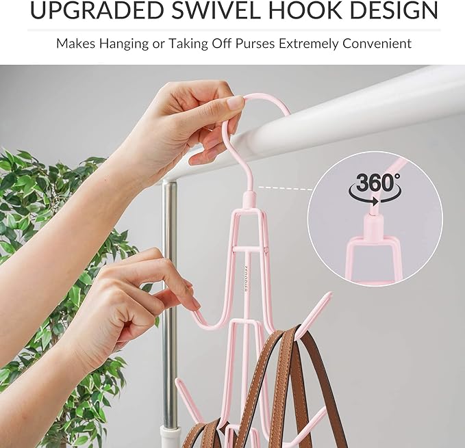 ZEDODIER Purse Hanger Organizer for Closet, 2 Pack Hanging Bag Holder, Keeping Purses Visible and in Good Condition, Metal Handbag Storage Hook Backpack Rack Space Saving Hanger, Pink