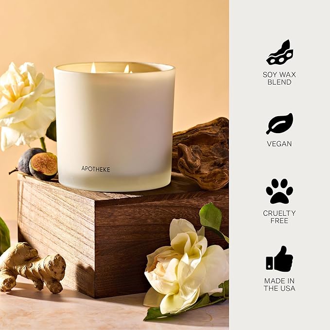Apotheke 3-Wick Scented Candles for Home, Cedarwood Ginger - 26 oz Soy Wax Jar Candle Gift for Women - Long-Lasting Fragrance with Perfume-Grade Essential Oils - Patchouli, Red Tea, Fig & Coconut