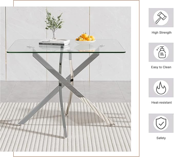 Goujxcy Glass Dining Table Set for 4, Modern Kitchen Table and Chairs Set of 4, 5-Piece Kitchen Dining Room Table Set w/36 Square Silver Glass Dining Table and 4 Beige Velvet Upholstered Chairs
