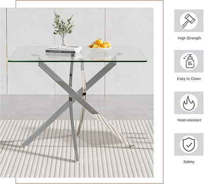 Goujxcy Glass Dining Table Set for 4, Modern Kitchen Table and Chairs Set of 4, 5-Piece Kitchen Dining Room Table Set w/36 Square Silver Glass Dining Table and 4 Beige Velvet Upholstered Chairs