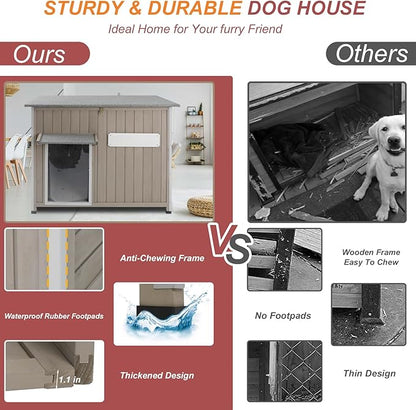 Outdoor Dog House Weatherproof, Wooden Puppy Shelter with Anti-Chewing Iron Frame and Elevated Floor, Sturdy Dog Kennel for Small, Medium & Large Dogs (Gray, 40" L x 26" W x 31" H)