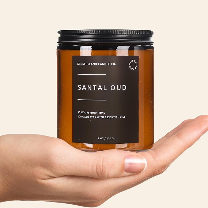 SENSE ISLAND Santal Oud Scented Candles for Men&Women | 100% Natural Soy Candle 7oz, up to 50 Hrs Burn Time Highly Scented Premium Woody Scented Candle