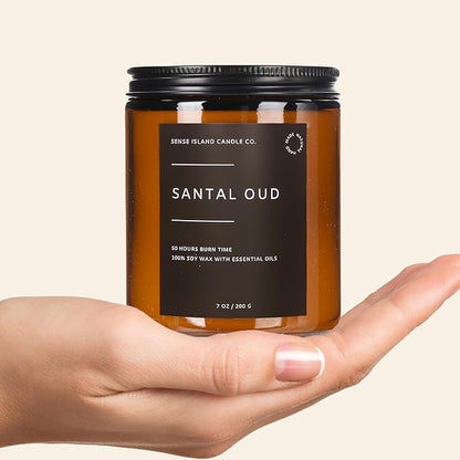 SENSE ISLAND Santal Oud Scented Candles for Men&Women | 100% Natural Soy Candle 7oz, up to 50 Hrs Burn Time Highly Scented Premium Woody Scented Candle