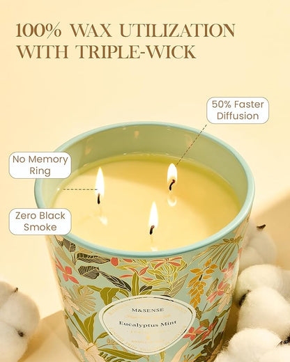 M&SENSE Eucalyptus Mint Scented Candle, 28.2oz 3 Wick Natural Soy Wax Large Candles, Long Lasting Clean Slow Burning No Toxic Décor for Home Relaxation, Romantic Dates Gift-Giving