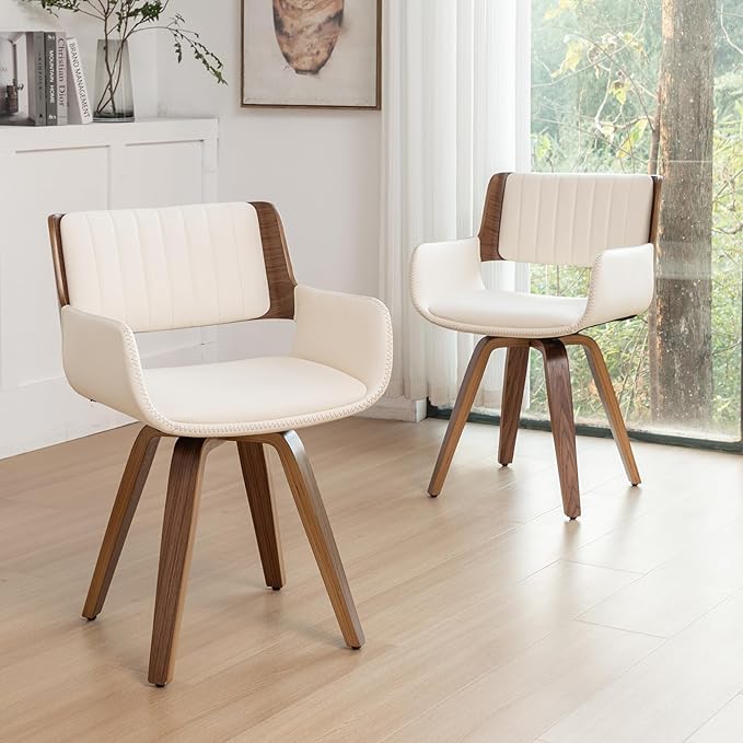 LUNLING Swivel Accent Faux Leather Dining Chairs Set of 2 Mid Century Modern Chairs with Wooden Legs/Armrest/Upholstered Seat/Adjustable Foots for Kitchen Dining Room Desk Chairs Green PU