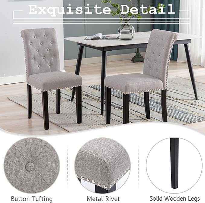 Westice Dining Room Chairs Set of 2 Upholstered Fabric Kitchen Chairs Dining Room Side Chair with Nailhead Trim and Rubber Wood Legs for Small Space Apartment, Light Gray