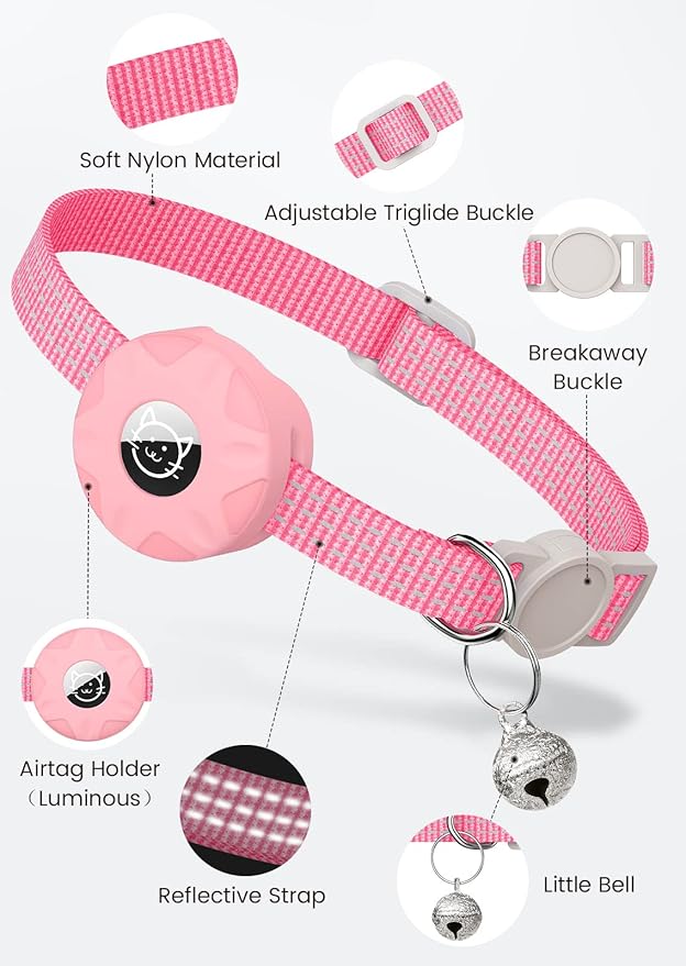Apple AirTag Cat Collar, GPS Tracker Kitten Collar with Reflective Breakaway Holder and Bell, Lightweight for Cats & Kittens (Pink)