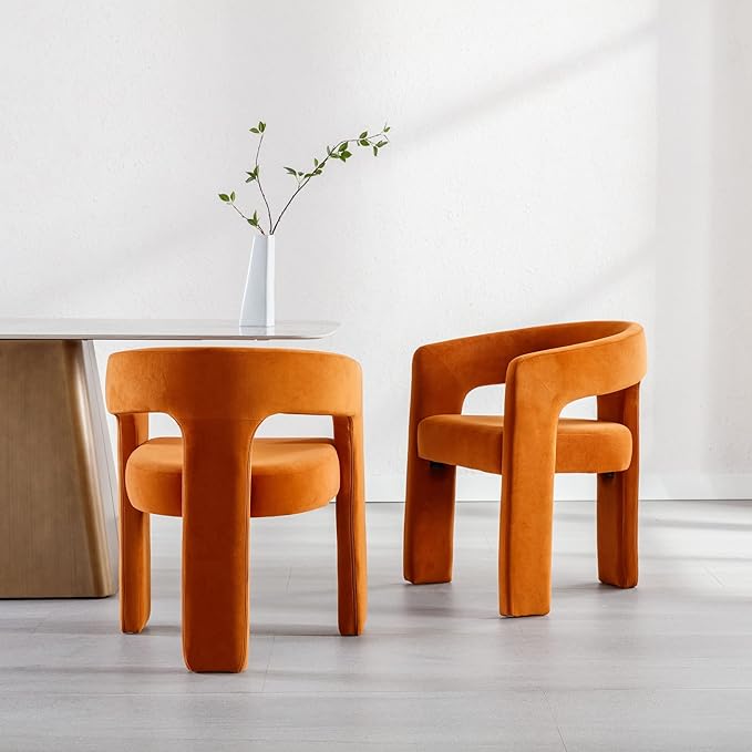 Set of 3 Modern Velvet Fabric Upholstered Dining Chairs with Open-Back, Cute Barrel Side Chairs Kitchen Armchair Accent Chairs for Dining Room Bedroom, Orange