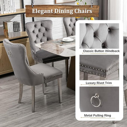 Goujxcy 70" Glass Dining Table Set for 8, Modern Silver Dining Table Set with 8 Grey Velvet Upholstered Dining Chairs, 9 Piece Kitchen Dining Room Table Set with Stainless Steel Legs