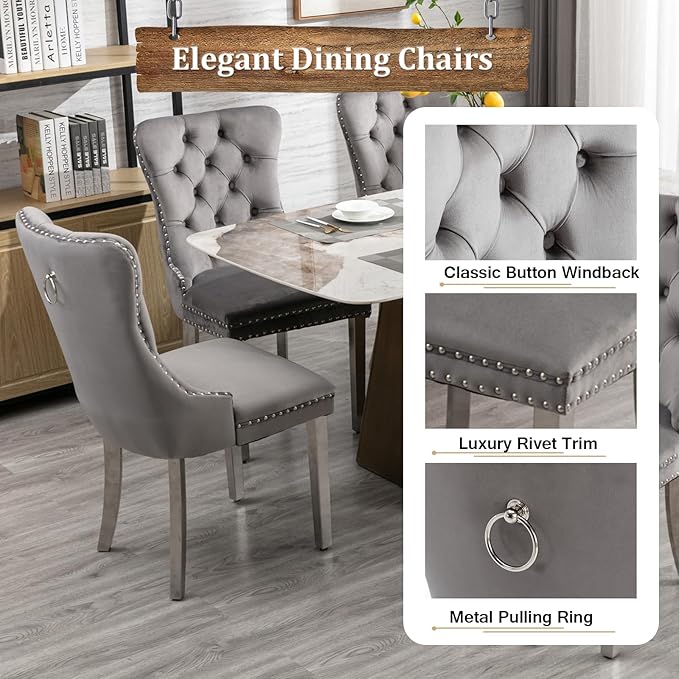 Goujxcy 78.7" Farmhouse Extendable Dining Room Table Set for 8, 9-Piece Rectangle Kitchen Dining Room Table Set with Wood Base and 8 Grey Velvet Dining Chairs, Extending Kitchen & Dining Table Set