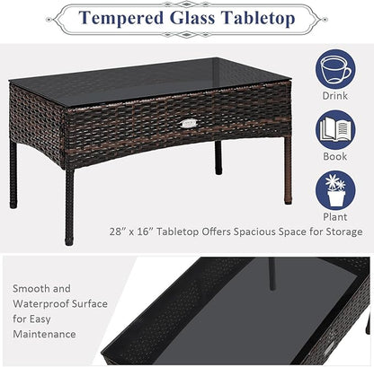 Tangkula 3 Pieces Patio Conversation Set, All Weather Outdoor PE Rattan Wicker Furniture Set with Padded Cushions, Tempered Glass Coffee Table, for Poolside, Backyard, Garden