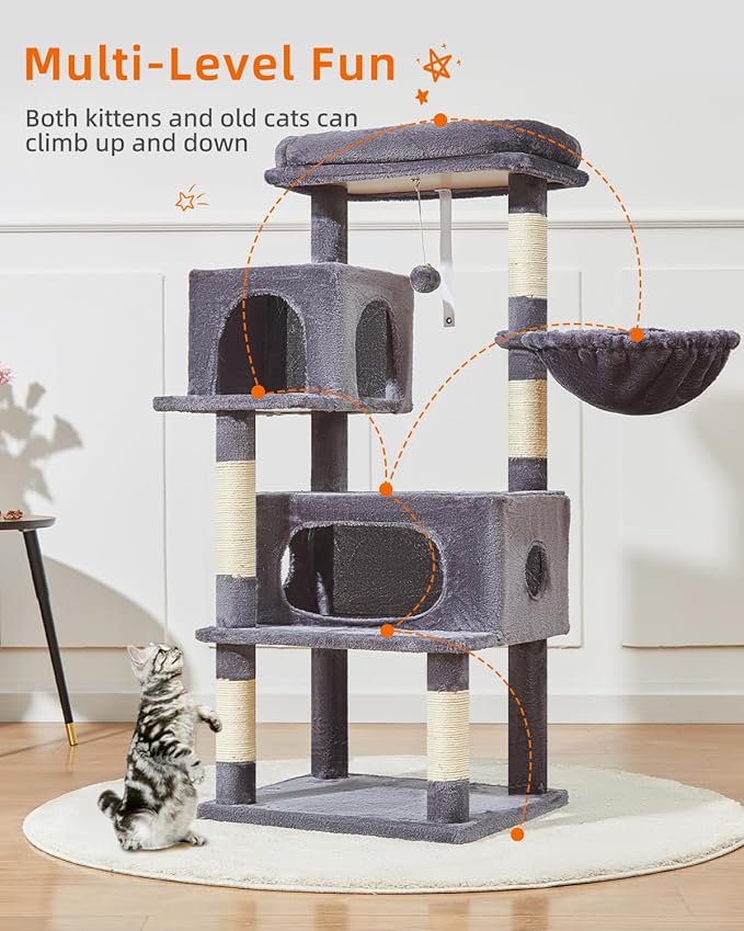 Taoqimiao Cat Tree,49-Inch Cat Tower for Indoor Cats,2 Luxurious cat condo with Adjustable Large Hanging Baskets and Large Luxurious Perch Smoky Gray MS029LG