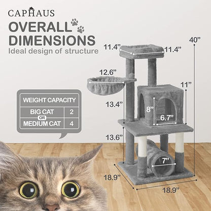 CAPHAUS Large Cat Tree with Scratching Posts, Cave Condo, 40-Inch Multi-Level Indoor Activity Structure with Basket for Cats, Modern Sisal Wrapped Design