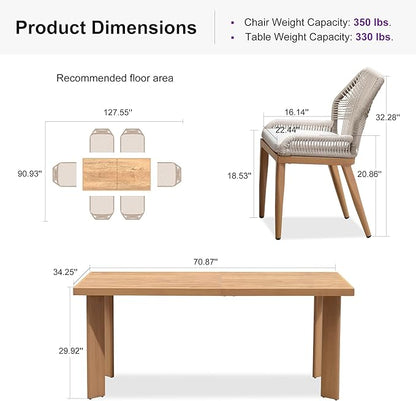 PURPLE LEAF 7 Pieces Patio Dining Set Aluminum Modern Rectangular Table and Wicker Chairs with Cushions for Kitchen Porch Garden Outdoor Furniture Sets, Teak