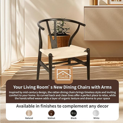 Tomile Wishbone Chair Y Chair, Wooden Dining Chairs Set of 4, Mid Century Modern Chairs with Arms, Solid Wood Weave Seat Kitchen & Dining Room Chairs (Ash Wood-Black Frame + Natural Cord)