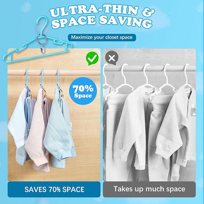 Baby Hangers with Metal Ring Clips, Children Plastic Hanger for Kids Pants Clothes Closet, 20 Pack, Blue