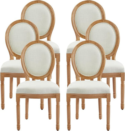 Nrizc French Dining Chairs Set of 6, French Country Dining Chair, Vintage Farmhouse Dining Chairs with Round Back, Solid Wood Beige Fabric Dining Room Chairs, for Kitchen, Bedroom, Dining Room