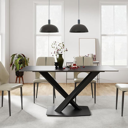 63" Modern Dining Table for 4-6 People, Black Sintered Stone Table Top with X-Shape Carbon Steel Pedestal, Large Rectangular Table for Kitchen Living Room