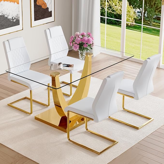 AZmac 63" Glass Dining Table Set for 4,Luxury Gold Dining Room Set with Stainless Steel Pedestal, Rectangular Tempered Glass Kitchen Table with PU Leather Chairs, for Kitchen Apartment