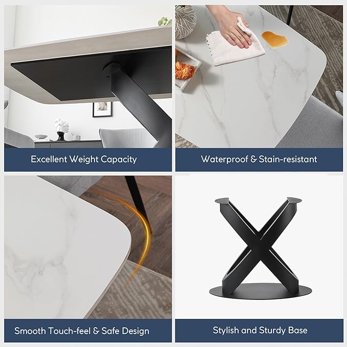 POVISON 71" Modern Dining Table for 4-6 People, Matte White Sintered Stone Table Top with X-Shape Carbon Steel Pedestal, Large Rectangular Table for Kitchen Living Room