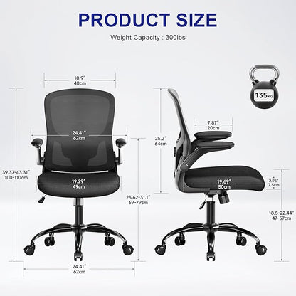 Ergonomic Office Chair-High Back Desk Chair, Adjustable Lumbar Support, Flip-Up Arms, 90-120° Tilt Lock, Breathable Mesh Back Rolling Work Chair for Man Woman(Black)