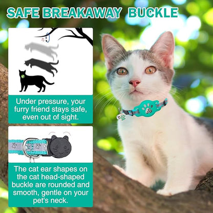 Airtag Cat Collar Breakaway, Reflective Kitten Collar with Bell and Apple Air Tag Holder, GPS Cute Cat Collar, Glow in The Dark Pet Collars for Boy Girl Cats, Kittens, Puppies, Aqua