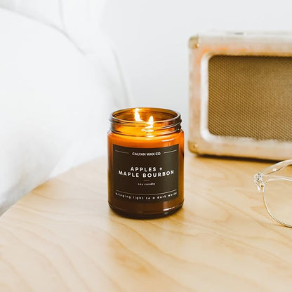 Calyan Wax Co. Apples & Maple Bourbon Scented Candle - 57 Hour Burn - Luxury Non Toxic Soy Wax Candles - Long Lasting Amber Glass Jar Candle for Home - 7.2oz