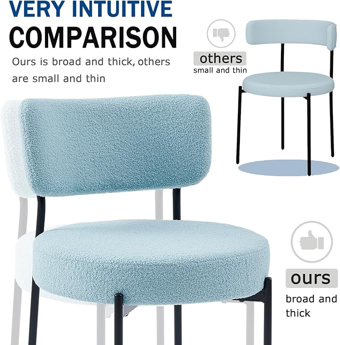 Blue Boucle Dining Chairs Set of 8, Upholstered Dinner Chair with Metal Frame, Dining Room Chairs with Padded Seat, Round Modern Seating for Living Room