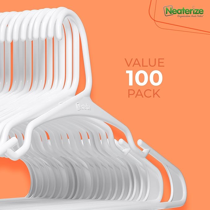 NEATERIZE Clothes Hangers Plastic 100 Pack For Adults - Plastic Hangers, The Perfect Coat Hanger and Space Saving Clothes Hangers for Closet, Percheros Ganchos para Colgar Ropa Hangars - White Hangers
