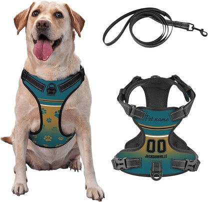 Custom Jacksonville Dog Harness with Reflective Stripes Personalized Name and Number Dog Vest Harness with Pet Traction Rope for Small Medium Large Dog