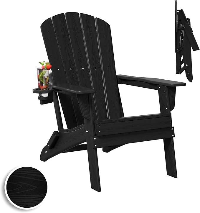 Plawdlik Folding Adirondack Chair, SGS Tested, Wooden Textured with Cup Holder, Heavy All-Weather HDPE Comfortable Set Poolside Backyard Lawn Black