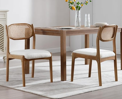 EALSON Farmhouse Rattan Dining Chairs Set of 6 Modern Mid Century Wood Dining Room Chairs with Cane Back Upholstered Sherpa Boucle Kitchen Side Chairs for Living Dining Room,Cream