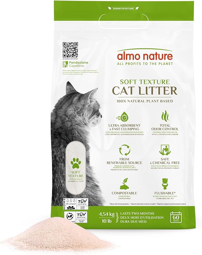 Almo Nature Soft Texture Cat Litter 10 lbs - Plant-Based, Clumping, Biodegradable, Non-Toxic, Compostable, Eco-Friendly, Odor Control, Low Dust, Safe for Cats & Kittens