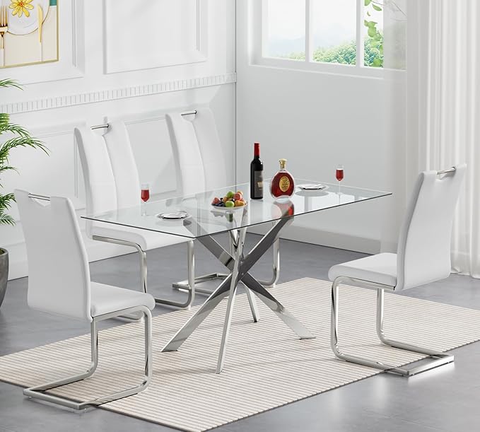 Goujxcy Modern Glass Dining Table Set for 4, Glass Silver Kitchen Table and Chairs Set, 5 Piece Dining Room Table Set with 51" Rectangle Dinner Table and 4 White Leather Dining Chairs