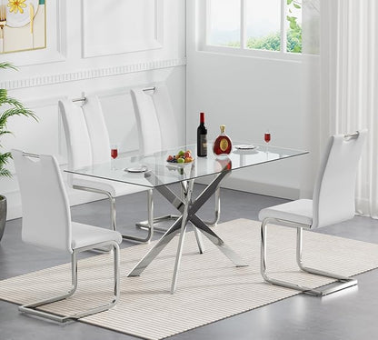 Goujxcy Modern Glass Dining Table Set for 4, Glass Silver Kitchen Table and Chairs Set, 5 Piece Dining Room Table Set with 51" Rectangle Dinner Table and 4 White Leather Dining Chairs