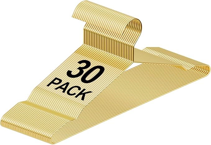 Metal Wire Clothes Hangers Bulk 30 Pack Gold, Heavy Duty Ultra Thin Space Saving Hangers with Non-Slip Notches, for Suits, Coats, Dresses, Shirts, Pants, Closet Organizer