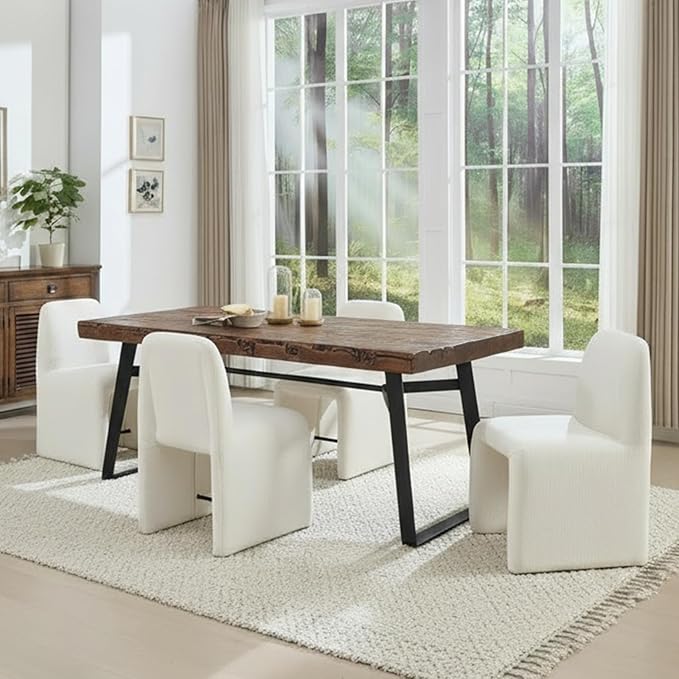 White Upholstered Chenille Dining Chairs Set of 4, Mid Century Modern Dining Room Chairs with Deep Seat & Curved Back, Armless Side Chair Comfy Kitchen Chairs for Living Room/Kitchen