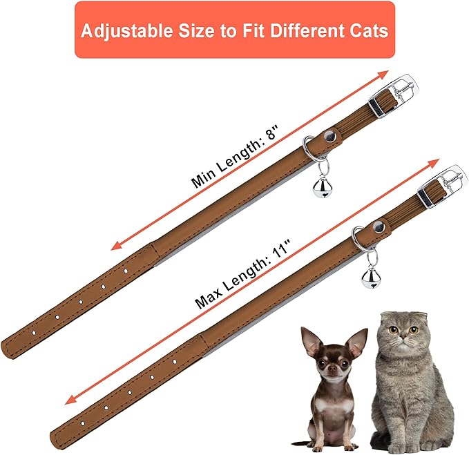 OOPSDOGGY Rolled Leather Cat Collar with Bell, Reflective Kitten Collars with Buckle Include Safety Elastic Strap - Adjustable Small Pet Collars for Boy Girl Cats (Beige)