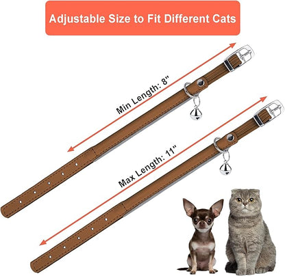 OOPSDOGGY Rolled Leather Cat Collar with Bell, Reflective Kitten Collars with Buckle Include Safety Elastic Strap - Adjustable Small Pet Collars for Boy Girl Cats (Beige)