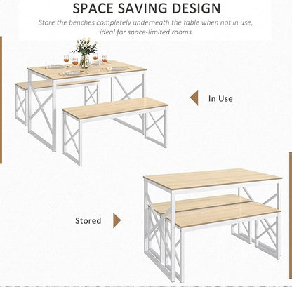 VECELO Kitchen Dining Table Benches Set for 4, 43.3" Wooden Dinette with 2 Benches, Heavy-Duty Dining Room Table for Small Space, Breakfast Nook, Natural Oak