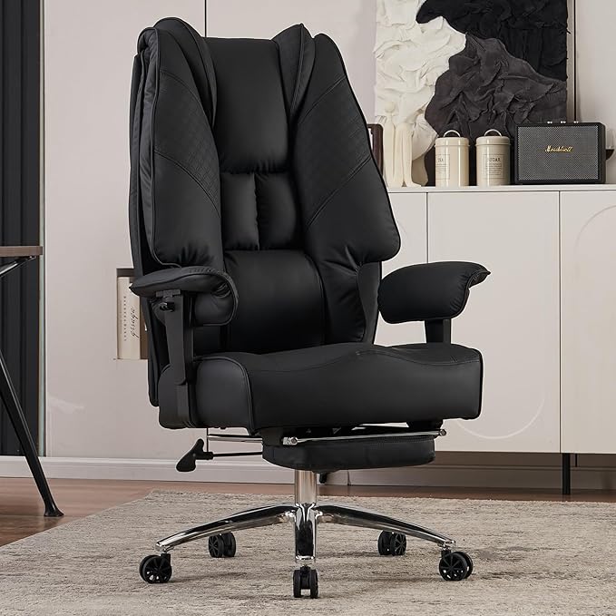 Big and Tall Office Chair 400lbs Wide Seat, Leather High Back Executive Office Chair with Foot Rest, Ergonomic Chairs Lumbar Support for Lower Back Pain Relief (Black)