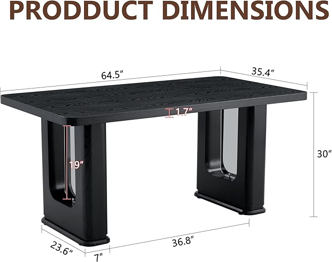 Dining Room Table for 6 - Black Faux Marble Dining Table with 1.7-Inch Thick Seamless Tabletop and Dual Pedestal Base,64.5'' Mid Century Modern Dining Table Ideal for Kitchen,Home Office