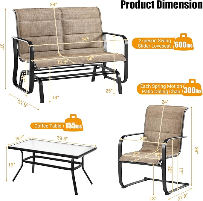 Tangkula 4 Pieces Outdoor Furniture Set, Patio Conversation Set with Coffee Table, 2-Person Swing Glider Loveseat and 2 Spring Motion Dining Chairs, Sectional Sofa Set with Cotton Padded (Brown)