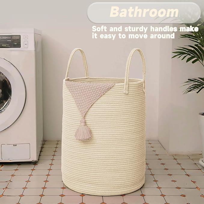 Large Woven Laundry Basket Hamper,80L Cotton Rope Storage Bin for Blankets,Toys and Clothes,Decorative Tall Nursery Hamper for Living Room,Baby Nursery,Bathroom and Bedroom,Beige