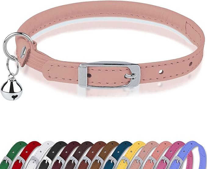 OOPSDOGGY Rolled Leather Cat Collar with Bell, Reflective Kitten Collars with Buckle Include Safety Elastic Strap - Adjustable Small Pet Collars for Boy Girl Cats (Blush)
