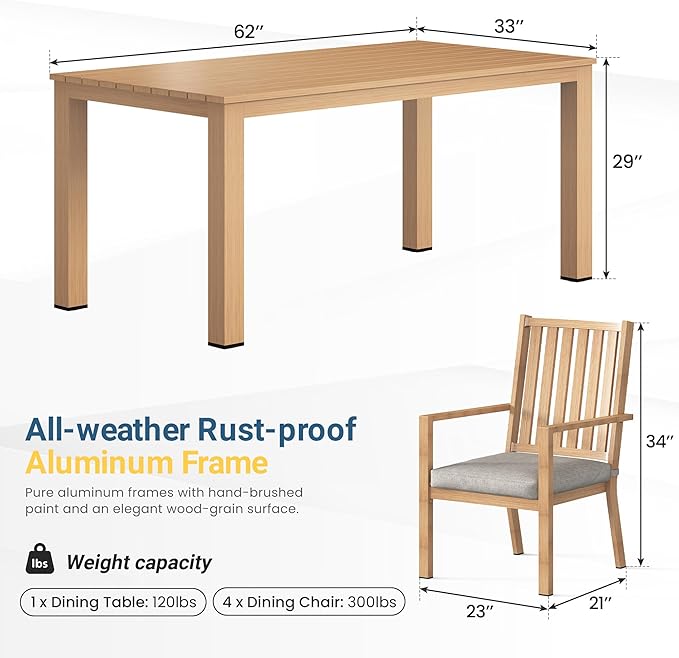 Wisteria Lane Aluminum 7 Pieces Patio Dining Sets, Outdoor Dining Table with 6 Chairs, Outdoor Patio Dining Furniture Set with Removable Cushion for Lawn, Garden, Backyard, Brown