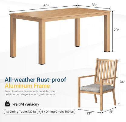 Wisteria Lane Aluminum 6 Pieces Patio Dining Sets, Outdoor Dining Table with 4 Chairs and Bench, Outdoor Patio Dining Furniture Set with Removable Cushion for Lawn, Garden, Backyard, Brown
