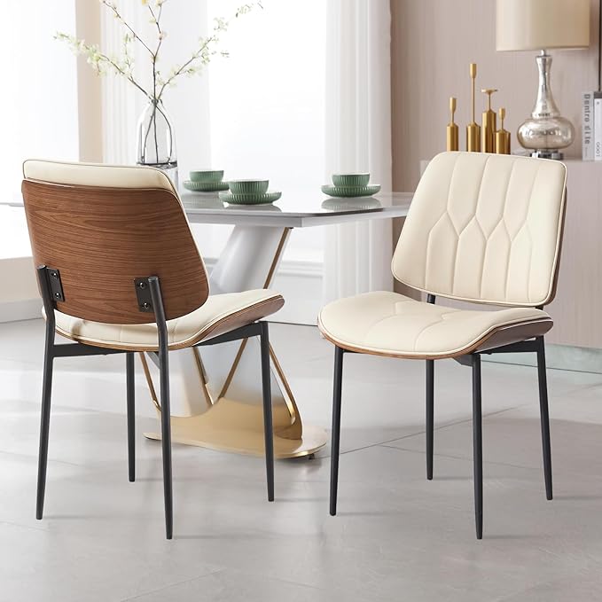BV Mid Century Modern Dining Chairs Set of 4, Upholstered Pu Leather Armless Accent Chair with Walnut Bentwood Back, Retro Kitchen Chair for Dining Room, Living Room, Kitchen, Beige
