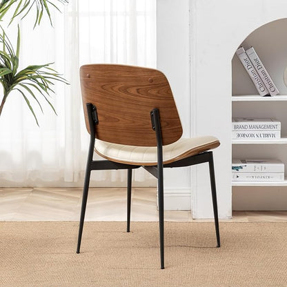 LUNLING Dining Room Chairs Set of 2 Mid Century Modern Retro Beige Faux Leather Chair with Walnut Bentwood Upholstered Seat Metal Legs Kitchen Chairs Adjustable Foot for Kitchen Dining Room