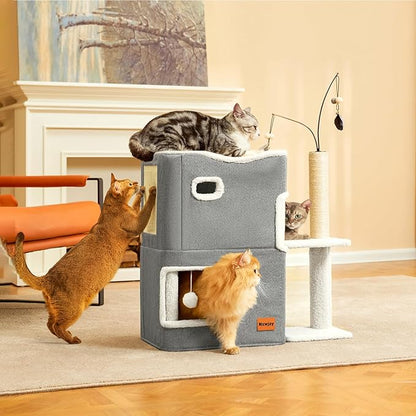 Cat Bed Cave for Indoor Cats with Scratch Pad Cat House Condo Adults with Fluffy Ball Cats Hideaway Large 2-Storey Cube Beds for Pets Grey